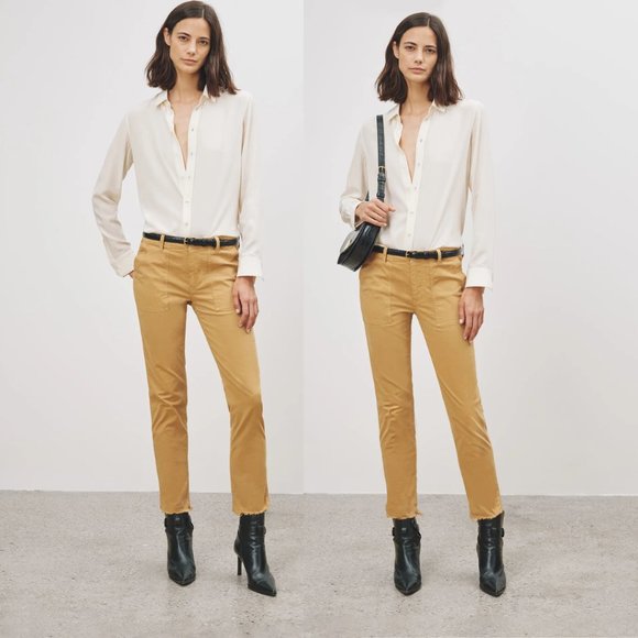 NWT Nili Lotan Jenna Cropped Pants Raw Hem Flap Black Pockets Sz 2 Camel - Picture 1 of 6